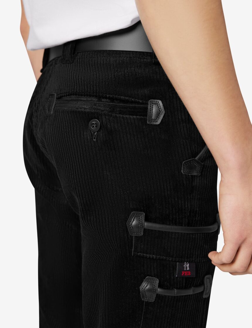 FHB GUSTAV Zunfthose Trenkercord Dreidraht m. Echtleder, schwarz, Gr. 26